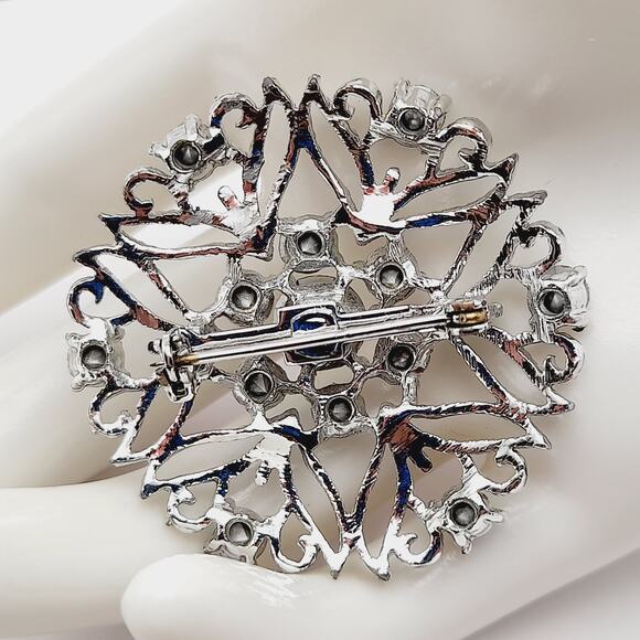 Vintage Snowflake Silver Tone Aurora Borealis Rhinestones 1 3/4 Inch Brooch - Picture 5 of 10